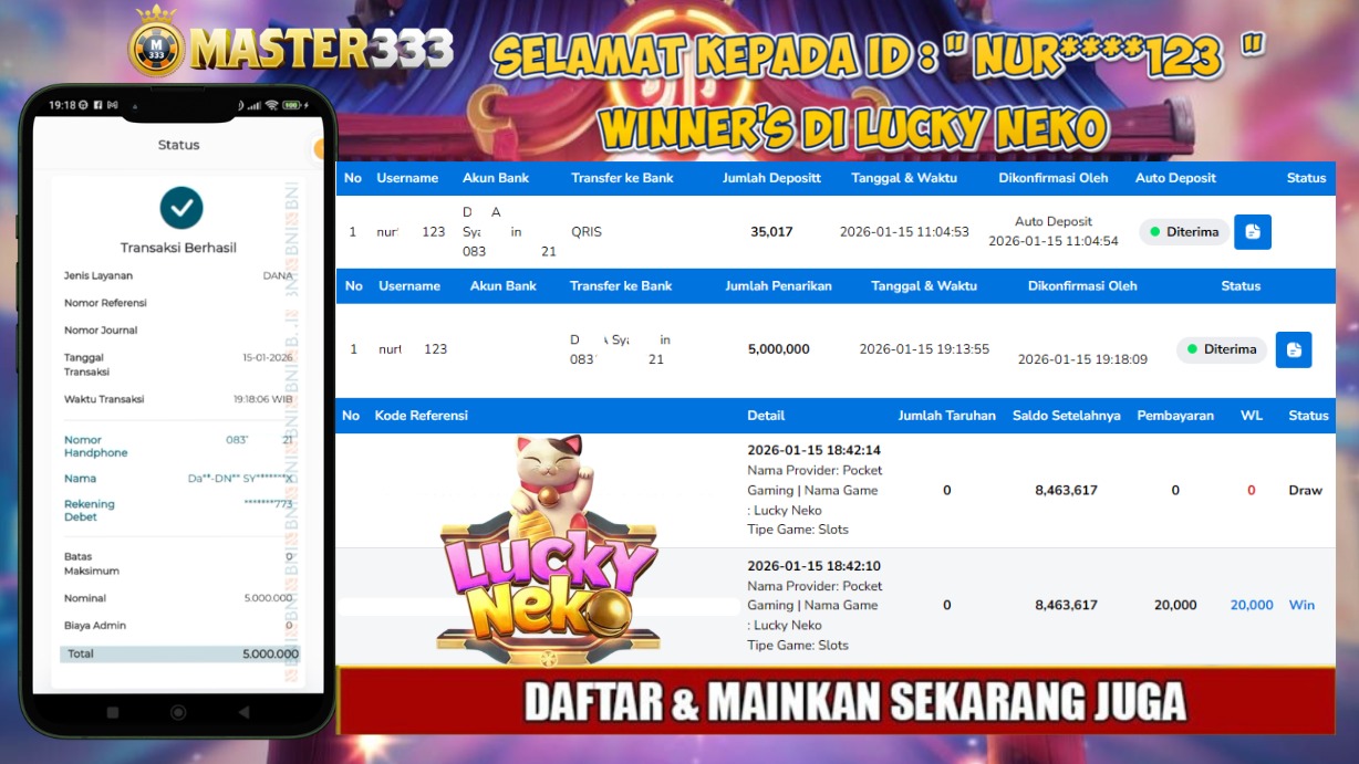 MASTER333 JACKPOT SLOT Lucky Neko  Rp.5,000,000.,- LUNAS